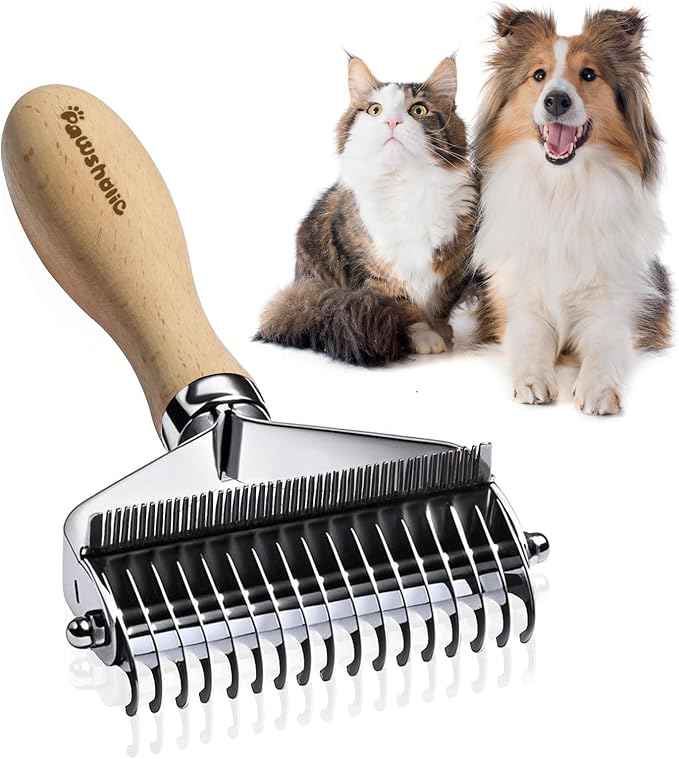 3-in-1 Professional Pet Shedding Dematting Comb - Deshedding Undercoat Rake for Dogs with Stainless Steel Blades Metal Pet Brush with Wood Handle Matted Hair Detangling Thinning and Shedding-PawvioPets
