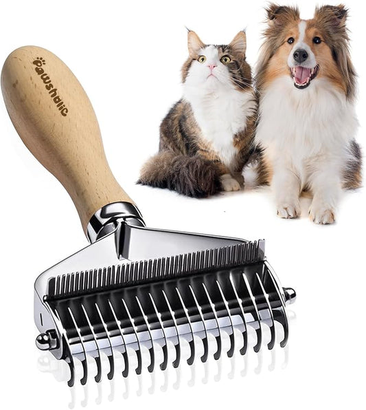 3-in-1 Professional Pet Shedding Dematting Comb - Deshedding Undercoat Rake for Dogs with Stainless Steel Blades Metal Pet Brush with Wood Handle Matted Hair Detangling Thinning and Shedding-PawvioPets