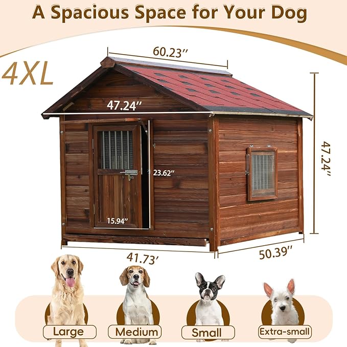 Dog House Outdoor, Solid Pine Wood Dog House with Waterproof Roof, Warm Spacious Pet House, Heavy Duty Animal Shelter for Large Breed Weatherproof, 4XL-PawvioPets