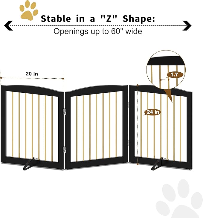 Freestanding Pet Gate for Dogs, Foldable Wooden Dog Gate for House, Indoor Dog Gate for Doorways, Stairs, Step Over Pet Puppy Safety Fence, Support Feet Included,24" Height 3 Panels,Black&Gold-PawvioPets