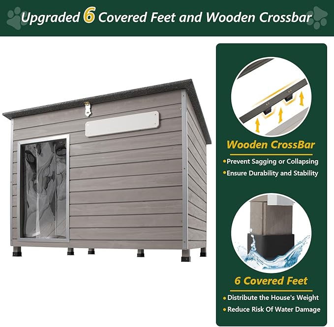 43.3" L Dog House Outdoor for Large Breeds Dogs Anti Chewing Iron Frames Dog Kennel Wooden Pet Houses for Indoor Outdoor with Weatherproof Roof,6 Elevated Feet, Reinforced Bottom Support-PawvioPets