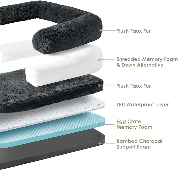 EHEYCIGA Foldable XL Dog Bed, Faux Fur Fluffy Pet Couch Bed for Large Dogs, Orthopedic Calming Memory Foam Big Pet Bed, Washable Soft Pet Sofa Bed with Non-Slip Bottom, Dark Grey, 46"x34"x6.5"-PawvioPets
