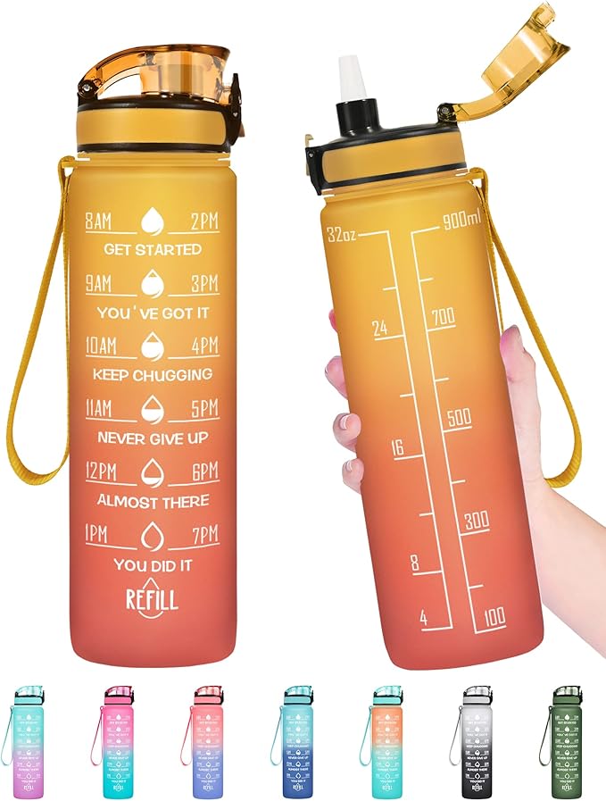 Enerbone Water Bottle, Leakproof BPA & Toxic Free, Motivational Water Bottle with Times to Drink and Straw, Fitness Sports Water Bottle with Strap for Office, Gym, Outdoor Sports-PawvioPets