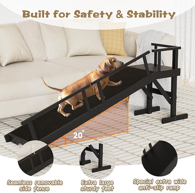 61" Dog Ramp for Bed, Pet Ramp with Removable Side Rail and Non-Slip Surface, Pet Ramp for Small & Large & Senior Dogs with Rest Platform and DIY Glow Strips,Dog Stairs for Couch,Black-PawvioPets