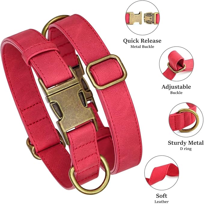 Didog Soft PU Leather Dog Collar, Stylish Quick Released Dog Collars for Medium Dogs, Easy Clean Adjustable Pet Collar for Daily Walking, Red, M Fit 13-21" Neck-PawvioPets