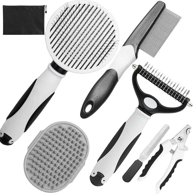 Dog Brush for Shedding, 7 PCS Dog Grooming Brush Kit, Undercoat Rake, Slicker Brush, Deshedding Comb, Bath Brush, Nail Clipper for Long & Short Haired Dogs & Cats, Black-PawvioPets