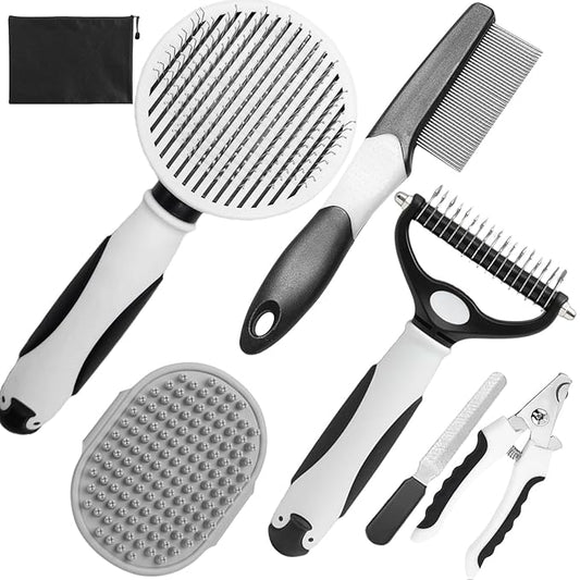 Dog Brush for Shedding, 7 PCS Dog Grooming Brush Kit, Undercoat Rake, Slicker Brush, Deshedding Comb, Bath Brush, Nail Clipper for Long & Short Haired Dogs & Cats, Black-PawvioPets