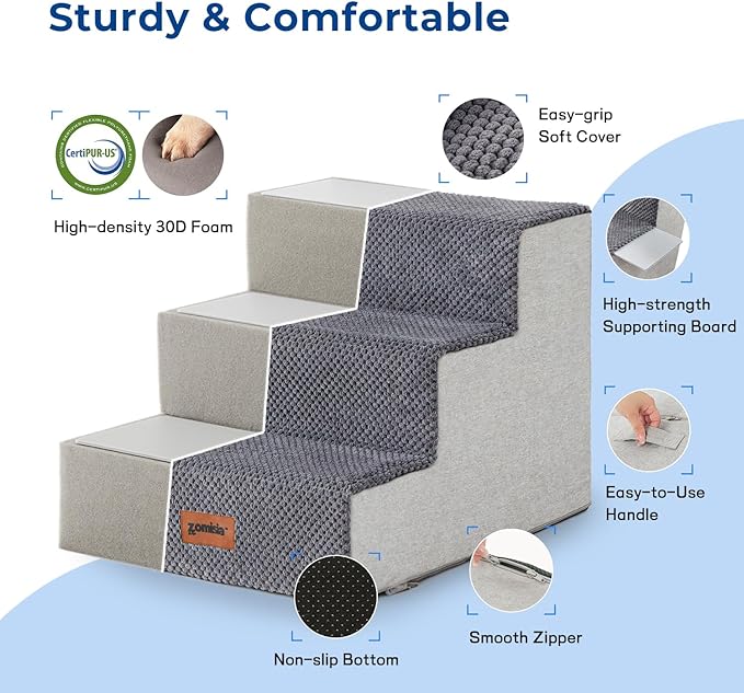 Dog Steps for Couch - Extra Wide Pet Stairs for Small Dogs and Cats, Dog Steps with Non-Slip Bottom Grey 3 Steps, Grey-PawvioPets