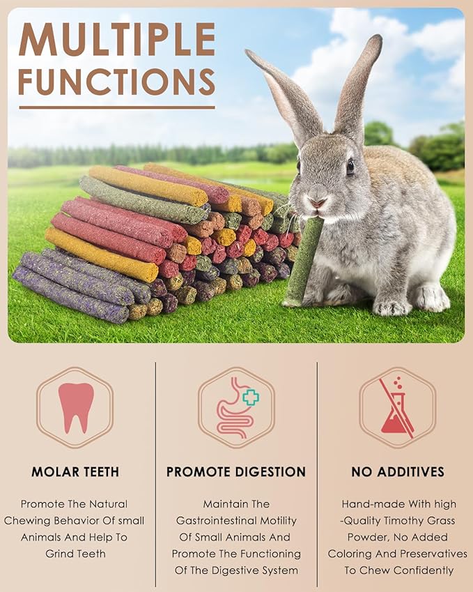 Bissap 72 PCS Rabbit Chew Sticks, Natural Timothy Hay Pumpkin Sugar Beet Carrot Strawberry Rose Dahlberg Daisy Forget-me-not Flower Treat for Bunny Chinchilla Guinea Pig Hamster Small Pet Molar Snack-PawvioPets