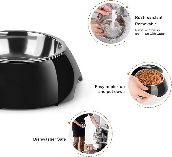 Double Dog Bowls Set – Non-Slip Pet Food & Water Dishes with Resin Stand, Includes Small (1 Cup) & Medium (2 Cups) Bowls – Ideal for Puppies, Cats, and Medium Dogs –Black-PawvioPets