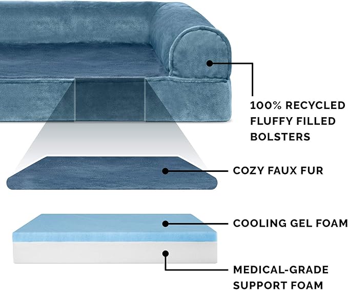 Furhaven Cooling Gel Dog Bed for Medium/Small Dogs w/ Removable Bolsters & Washable Cover, For Dogs Up to 35 lbs - Faux Fur & Velvet Sofa - Harbor Blue, Medium-PawvioPets