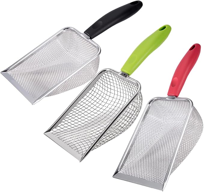 3PCS Cat Litter Scoop, Reptile Stainless Steel Fine Mesh,Litter Cleaner Corner Scoop Sand Sifter (Black-Green-Red)-PawvioPets