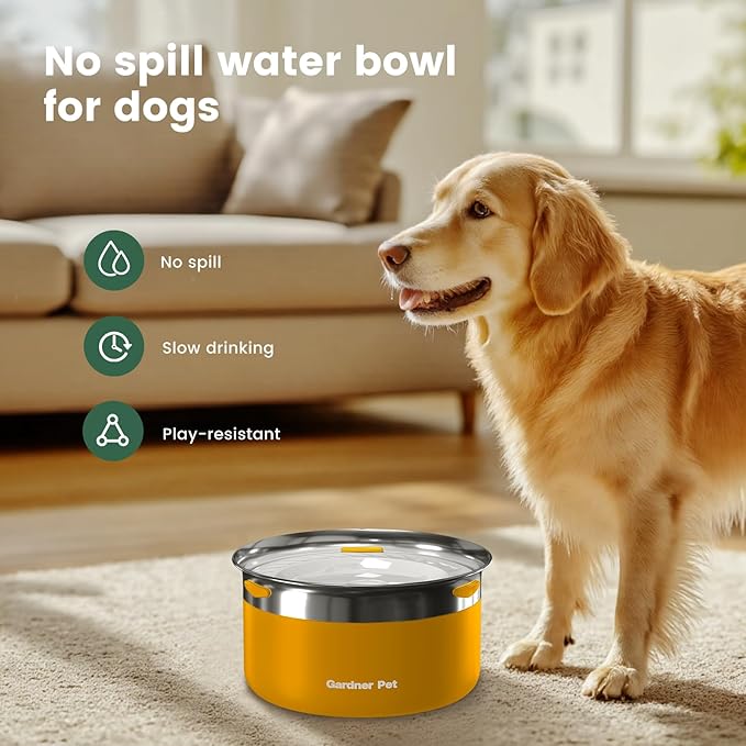 Gardner Pet Dog Bowls 1 Gallon (3.85L) Stainless Steel No Spill Dog Water Bowl, Slow Water Feeder Metal Bowls, Spill Proof Water Dispenser for Large Dogs, Promotes Healthy Hydration-PawvioPets