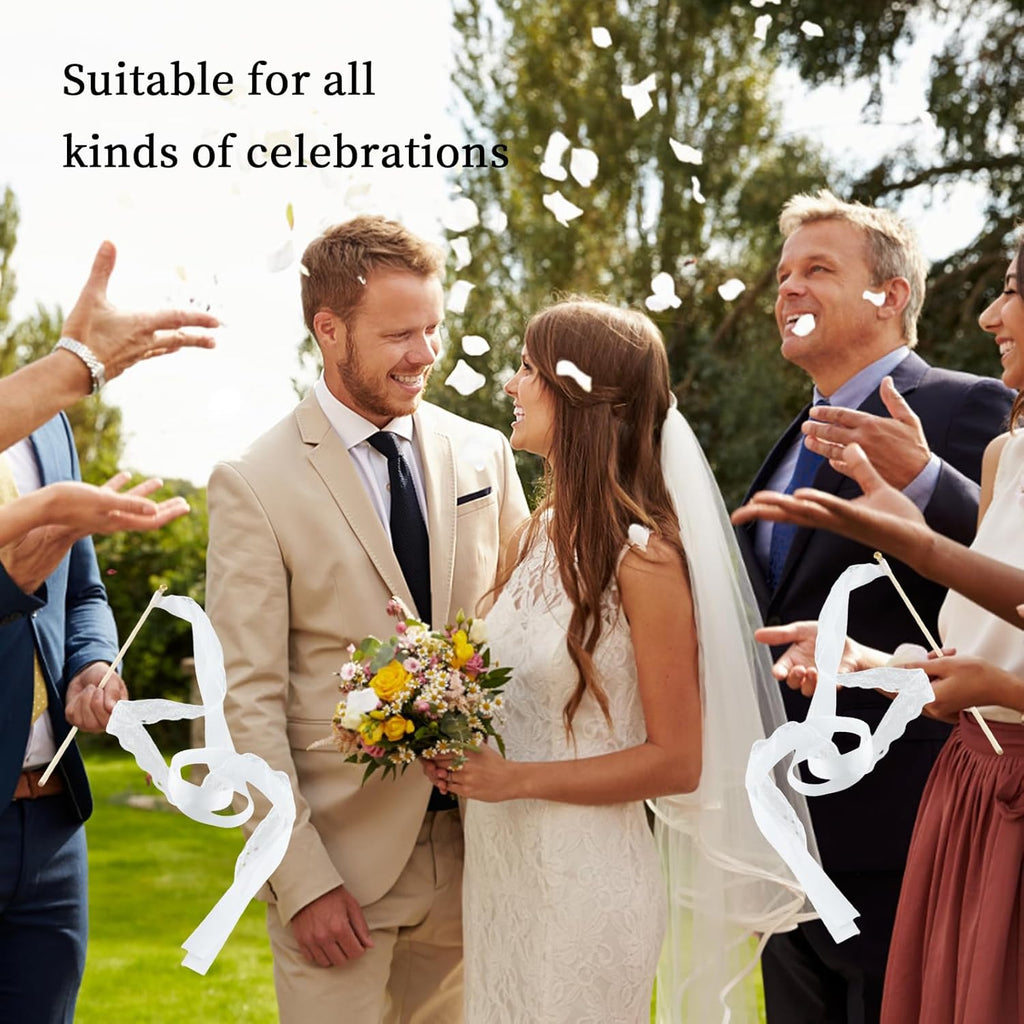 30 Pcs White Wedding Wands, Lace Wedding Streamers, Ribbon Streamers, Wedding Exit Items, Wedding Send Off Ideas, Dance Floor Props Sticks with Bells for Holiday Celebration Birthday Favors