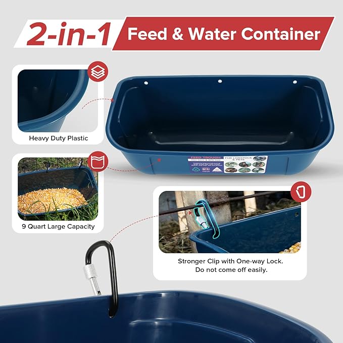 Goovilla Large Feed Trough, Hanging or Screw-in Fence Feeder with Clips, 2 Pack 9 Quart Goat Feeder Supplies, Dog Horse Hog Pig Livestock Poultry Plastic Feeder Trough Bucket for Large Animal, Blue-PawvioPets