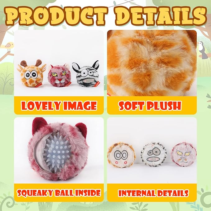 DKING 3Pack Squeaky Dog Balls,2 in1 Funny Puppy Ball Toys,Birthday Dog Toy for Small Medium Dogs (Animal Ball)-PawvioPets