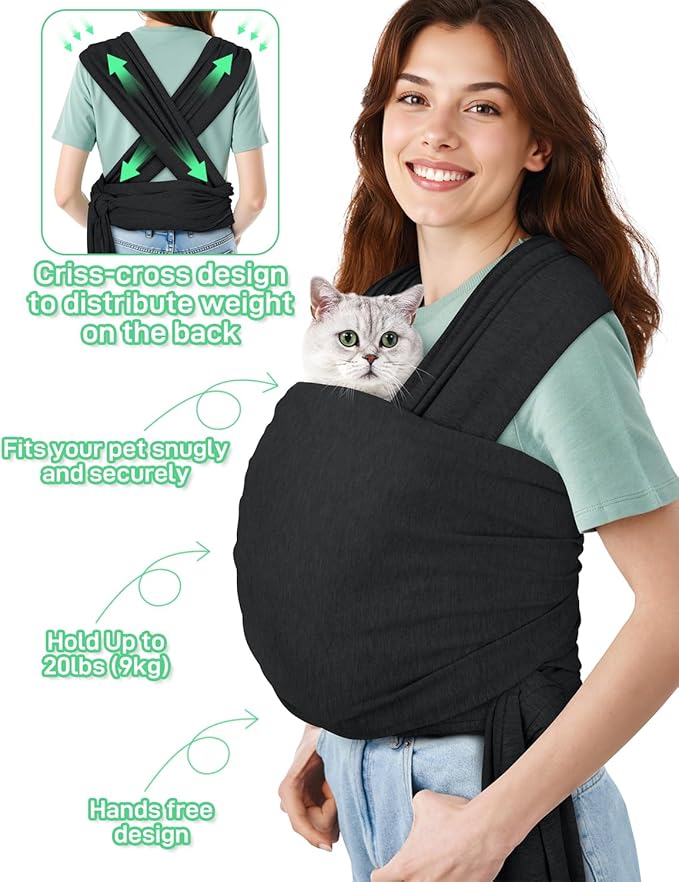 Dog Sling Swaddle Carrier for Small Dog, Cat Front Carriers for Small Pet up to 20lbs, Puppy Pouch with Adjustable Straps, Hands Free Pet Sling, Anti Anxiety Puppy Sling (Black)-PawvioPets