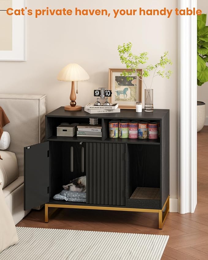 Cat Litter Box Enclosure, Large Hidden Pet Storage Cabinet Furniture with Waveform Fluted Doors & Scratching Pad, Modern Wooden Cat House Indoor for Washroom, Living Room, Bedroom, Black-PawvioPets