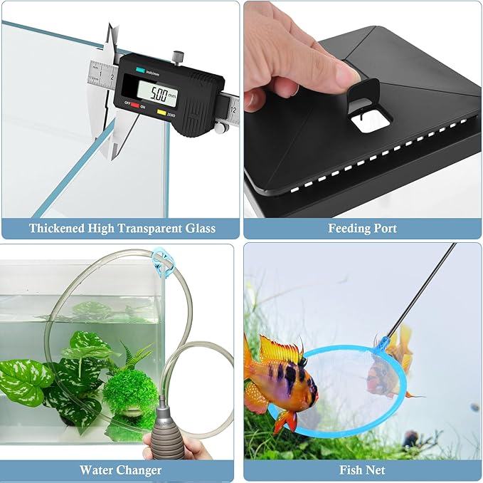 FEDOUR Small Glass Aquarium, 1 Gallon Desktop Fish Tank, Betta Fish Tank, Mini Aquarium Starter Kit with Air Pump LED Light Decoration Water Changer Fish Net (Black)-PawvioPets
