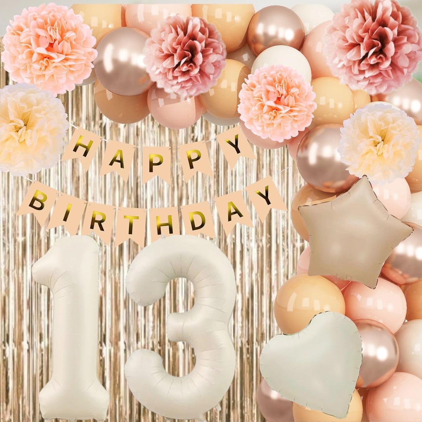 Beige 13th Birthday Decorations Girls Boys Cream Number 13 Balloon Nude Gold Happy Birthday Banner Fringe Curtain Paper Pom Poms Blush White Sand Champagne Star Foil Balloons Neutral Boho Party Decor