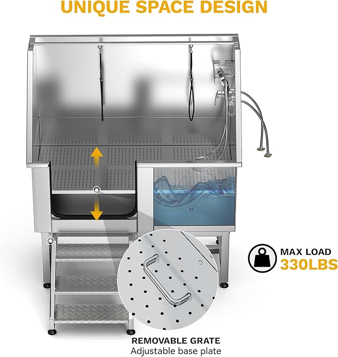 DWVO Professional Pet Dog Bathing Station for Grooming, 50'' Dog Grooming Bathtub with Left Stairs, Floor Grate, Faucet, Showerhead & Soap Holder for Large, Medium & Small Pets-PawvioPets