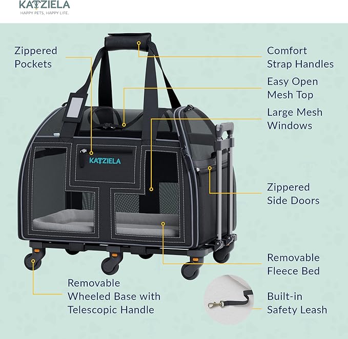 Airline Compliant Pet Carrier - Rolling Portable Travel Carry Crate for Small Dog, Puppy or Cat - Soft Removable Wheeled Design with Mesh Window Sides - Airplane and TSA Compliant- by Katziela-PawvioPets