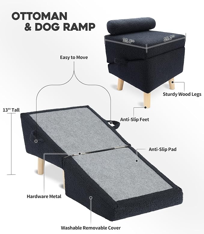 Dog Stairs for Small Dogs and Cats – 2-in-1 Dog Ramp for Bed and Couch, 16.5'' Foldable Wooden Pet Steps, Sturdy Multi-Use Split Ottoman Design, Dark Blue-PawvioPets