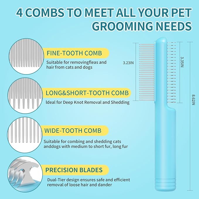 4 in-1 Pet Grooming Combo and Pet Hair Removal Soft Brush - Deshedding Dog Brush,Metal Comb for Cat and Dog,Dematting Comb,Matted Fur on Cats and Dogs-PawvioPets