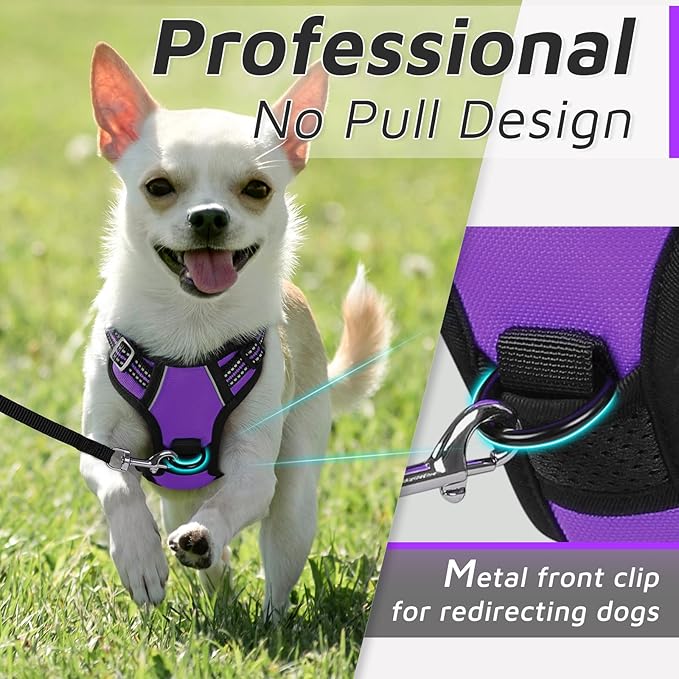 Eagloo Small Dog Harness No Pull, Service Vest with Reflective Strips and Control Handle, Adjustable and Comfortable for Easy Walking, No Choke Pet Harness with 2 Metal Rings, Purple, XS-PawvioPets