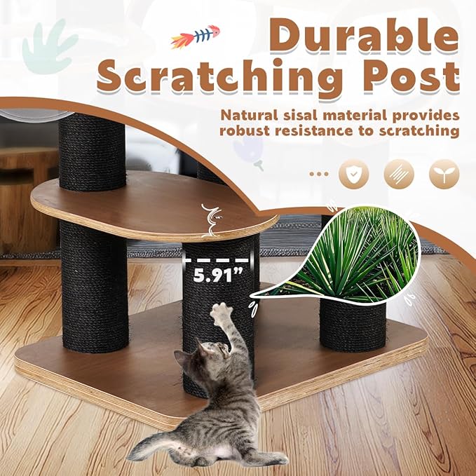63'' Modern Cat Tree, Black Cat Tower with Scratching Post, Wooden Cat Tree for Indoor Cats Large Adult, Luxury Cat Furniture, Heavy Duty Activity Center with Transparent Bowl and Semi-Closed Condo-PawvioPets