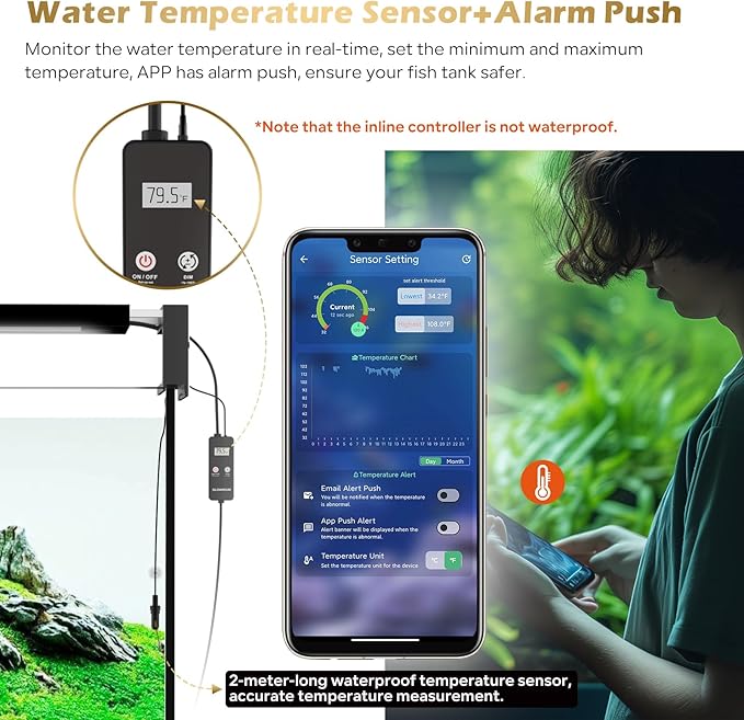 GLOWRIUM Smart Aquarium Light, Bluetooth + WiFi Dual Control Freshwater Fish Tank Light with App, Multi-preset Spectrum, Brightness Adjustable, Anti-Drop, Real Time Water Temperature Sensor (24-36 in)-PawvioPets