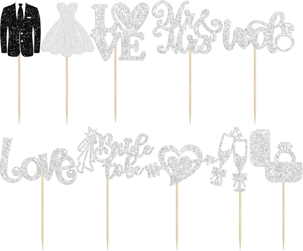 Ephlyn 30Pcs Bride to be Cupcake Toppers Glitter Diamond Ring Love I Do Cupcake Picks for Miss to Mrs Bridal Shower Wedding Engagement Bachelorette Cupcake Decorations Party Supplies Silver