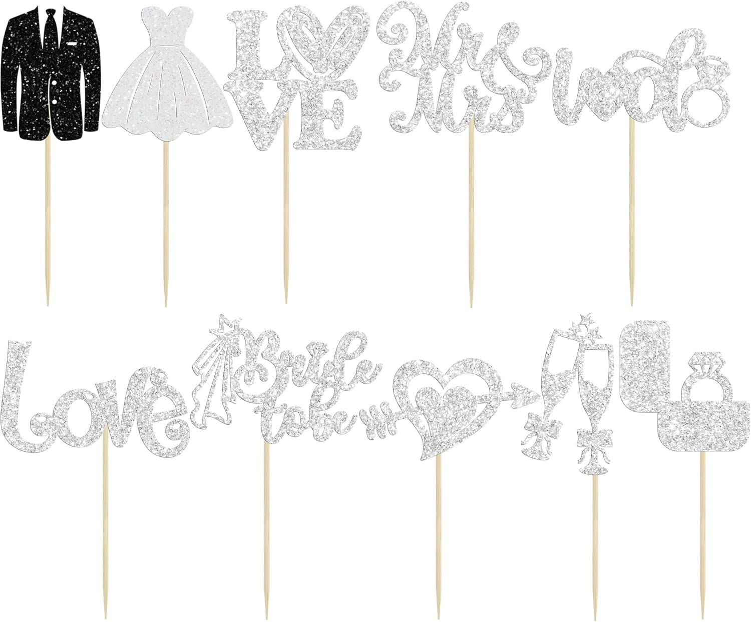 Ephlyn 30Pcs Bride to be Cupcake Toppers Glitter Diamond Ring Love I Do Cupcake Picks for Miss to Mrs Bridal Shower Wedding Engagement Bachelorette Cupcake Decorations Party Supplies Silver