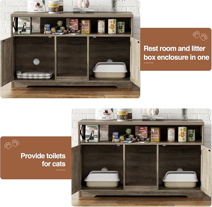 Cat Litter Box Enclosure for 2 Cats, 47" Double Hidden Litter Box Furniture with Scratch Pad, Farmhouse Indoor Litter Box Cabinet Cat Washroom, Grey-PawvioPets