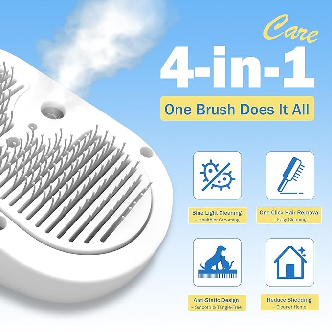 4-in-1 Pet Grooming Steam Brush for Cats & Dogs – Steam Spray, Blue Light, Hair Removal, Self-Cleaning Comb – Includes Pet Waterless Shampoo-PawvioPets