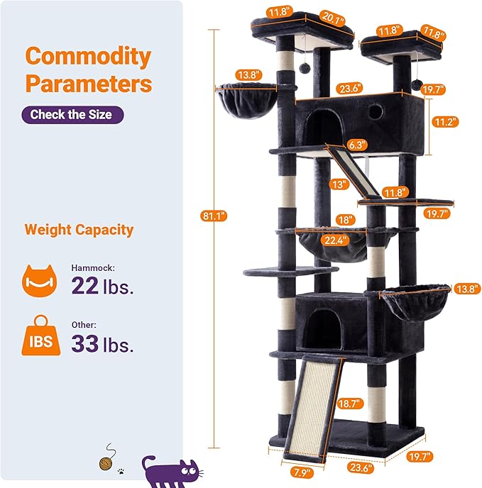 Allewie 81 Inches Tall Cat Tree/Multi-Level Large Climbing Tree House and Towers for Big Feline/Condo and Hammock/Scratching Post/Wide Base/Dark Grey-PawvioPets