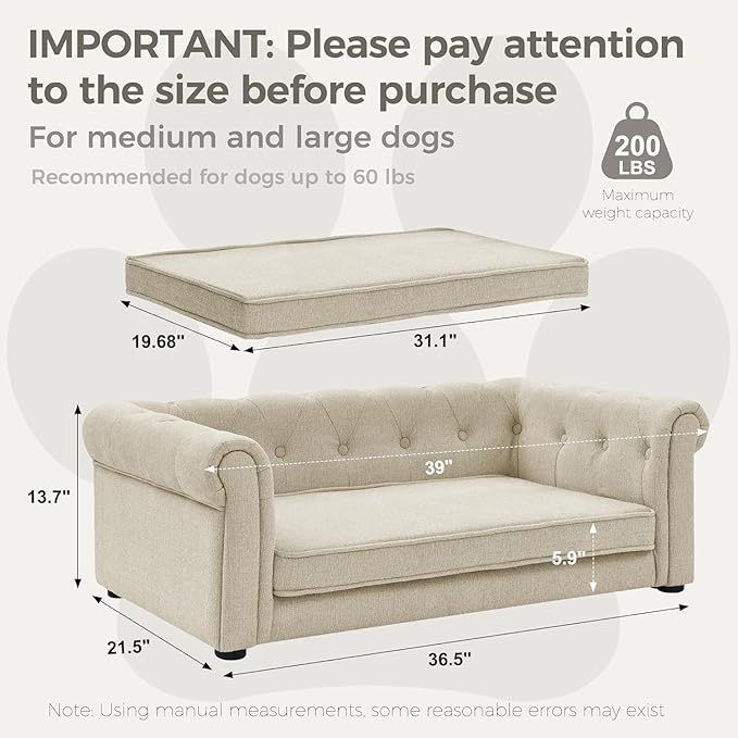 Dog Sofa Couch for Medium to Large Dogs, 31" Memory Foam Dog Couch with Washable Fabric, Removable Cushion, Sofa Bed for Medium and Large Dogs, Beige-PawvioPets