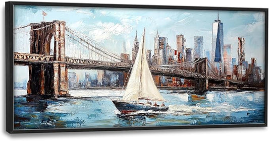 Extra Large Sailboat Framed Wall Art for Living Room,Oversized New York Brooklyn Bridge Pictures Wall Decor,Cityscape Canvas Print Painting Modern Artwork Bedroom Office Bathroom 60L" x 30W"-PawvioPets