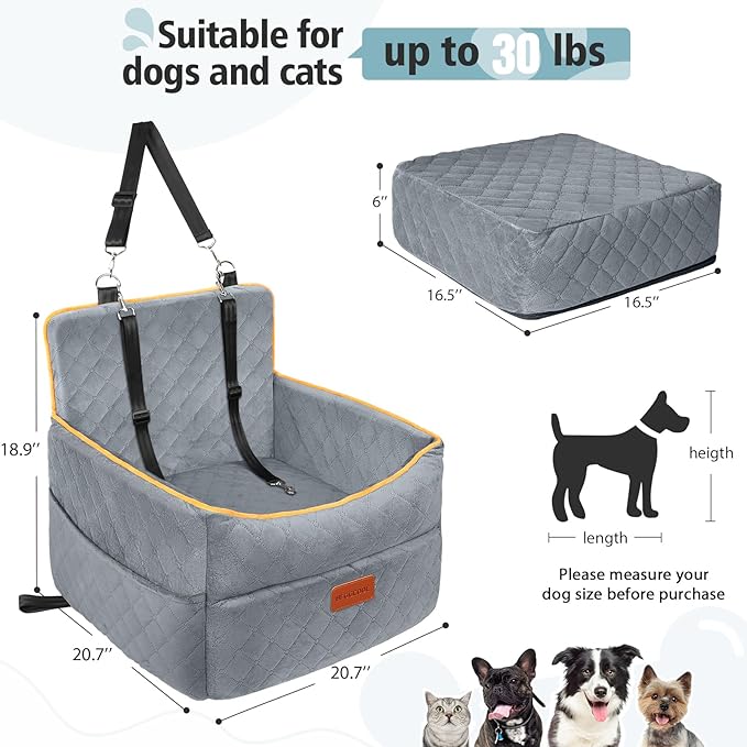 Dog Car Seat for Small Medium Dogs, Memory Foam Puppy Dog Booster Seat with Thick Cushion for Dogs Under 35lbs, Detachable Washable Pet Car Seat Travel Bed with Storage Pockets,2 Safety Belts-PawvioPets