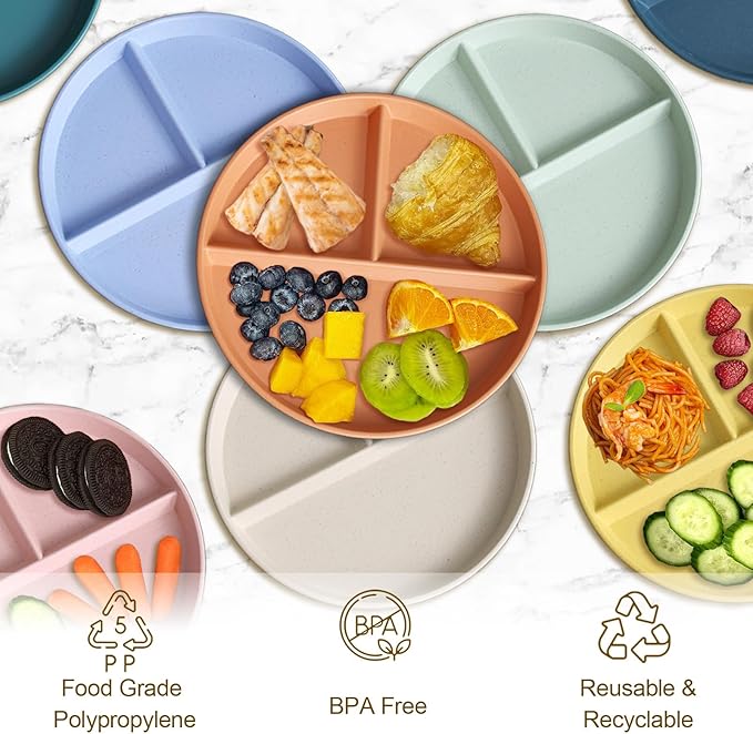 Divided Plates for Adults (8 Packs), Unbreakable Portion Control Plate Sectioned with Dividers, 9 Inch Plastic Food Separator Dinner Plates Lightweight Compartment BPA Free Reusable Microwave Safe-PawvioPets