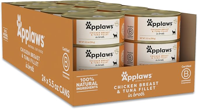 Applaws Natural Wet Cat Food in Broth, Limited Ingredient Canned Wet Cat Food, No Additives, Made with Natural Ingredients, Chicken Breast & Tuna Fillet in Broth (24 x 5.5oz Cans)-PawvioPets