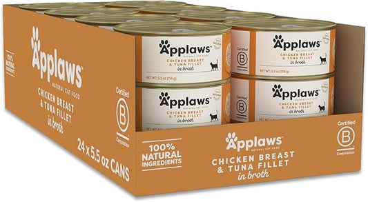 Applaws Natural Wet Cat Food in Broth, Limited Ingredient Canned Wet Cat Food, No Additives, Made with Natural Ingredients, Chicken Breast & Tuna Fillet in Broth (24 x 5.5oz Cans)-PawvioPets