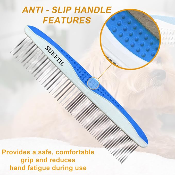 Dog Grooming Comb for Matting, Dog combs for grooming matting, Dematting Comb for Dogs and Cat with Stainless Steel Teeth & Non-Slip Handle (Style 1- Blue)-PawvioPets