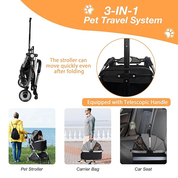 Dog Stroller for Small Medium Dogs, 3 in 1 Folding Pet Stroller Up to 33 lbs, 4 Wheels Pet Strolling Cart with Zipperless Entry, Cat Dog Travel Carrier with Telescopic Handle and Storage Basket-PawvioPets
