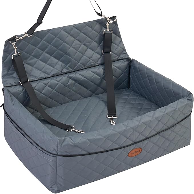 Dog Car Seat for Large/Medium Pet, Anti Slip Bottom Dogs Booster Seat for All Seasons,Pet Travel Bed with Thick Dog Sofa Cushion, Storage Pockets 2 Safety Leashes-PawvioPets