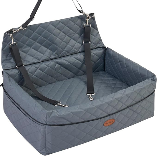 Dog Car Seat for Large/Medium Pet, Anti Slip Bottom Dogs Booster Seat for All Seasons,Pet Travel Bed with Thick Dog Sofa Cushion, Storage Pockets 2 Safety Leashes-PawvioPets