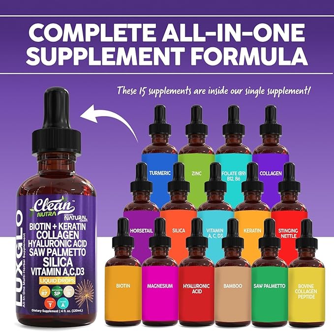 Biotin Liquid Drops Collagen Keratin Hyaluronic Acid Saw Palmetto for Hair Skin and Nails Silica Vitamin A C Vitamin D Bamboo Turmeric Zinc Folate Magnesium Horsetail LuxGlo by Clean Nutra - 2Pack-PawvioPets