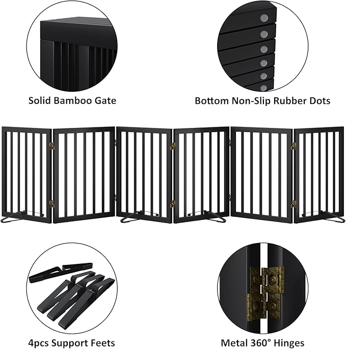Extra Wide Dog Gate 110 inches Wide, Freestanding Pet Gate for The House Doorway, Pet Puppy Barrier, Support Feet Included, Black,6 Panels-PawvioPets