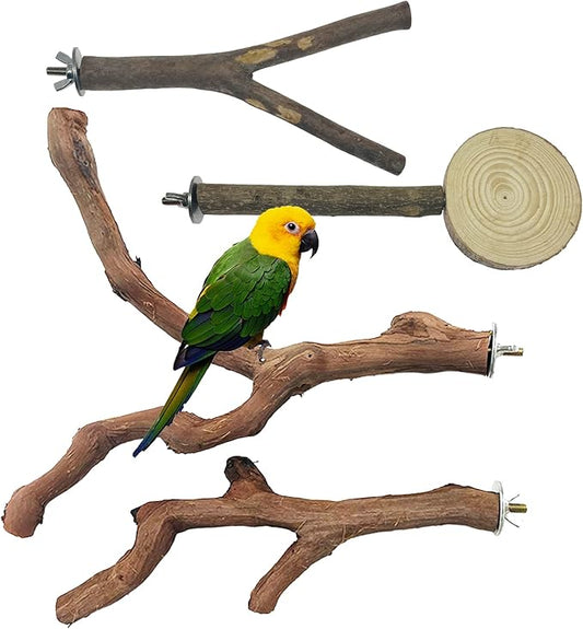 Allazone 4 PCS Natural Wood Bird Perch Stand, Bird Parrot Perch Stand Set, Wooden Parrot Perch Stand Perch Platform Cage Accessories for Parrotlets Cockatiels Budgies Parakeets-PawvioPets