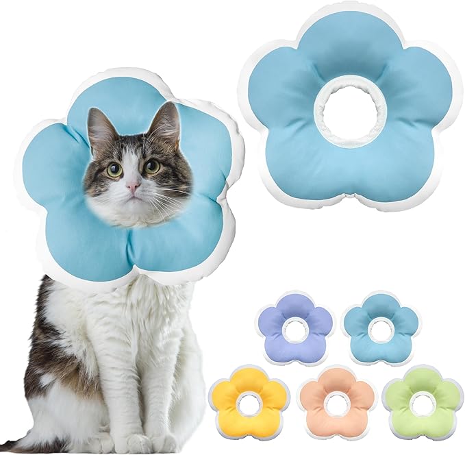 Cat Cone Collar Soft, Waterproof Cats Cones to Stop Licking After Surgery, Adjustable Soft Elizabeth Cats Collars for Wound Healing, Flower Shape Cat Recovery Collar (Blue, Large)-PawvioPets